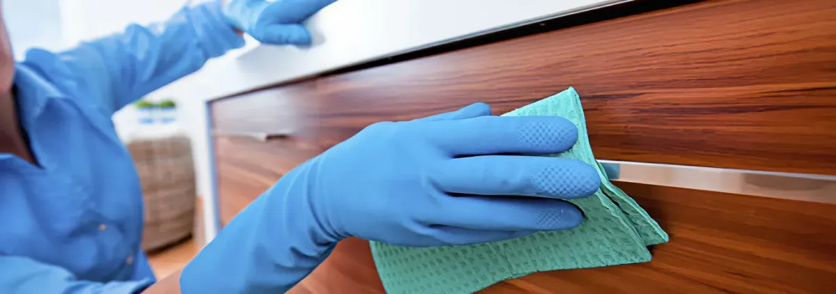 Cleaner wearing blue gloves wiping a wooden cabinet drawer with a microfiber cloth for dust and grime removal, Akron, OH.