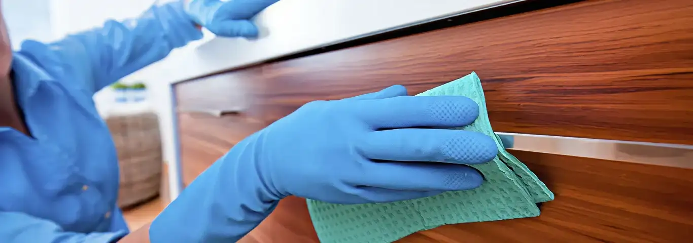 Cleaner wearing blue gloves wiping a wooden cabinet drawer with a microfiber cloth for dust and grime removal, Akron, OH.