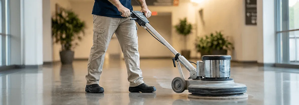 Professional technician using an industrial floor buffer to polish and maintain shiny commercial flooring in a corporate hallway in Akron, OH.