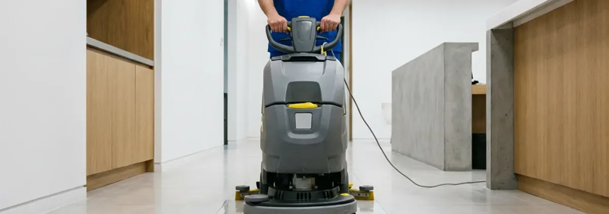 Janitorial staff using a floor scrubber machine to clean a commercial hallway, Akron, OH.