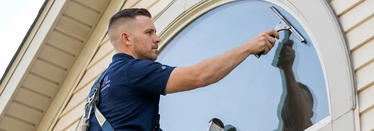 Professional window cleaner using a squeegee to clean an exterior arched window on a home, Akron, OH.