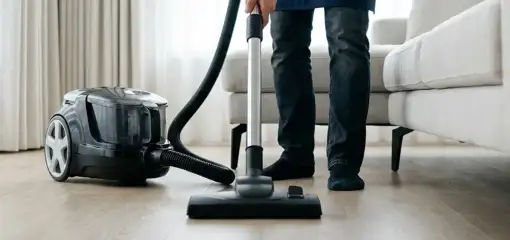 Professional house cleaner vacuuming a living room floor with a canister vacuum cleaner, Akron, OH.