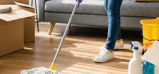 Move-out cleaning setup with a cleaner mopping hardwood floors near moving boxes and cleaning supplies, Akron, OH.