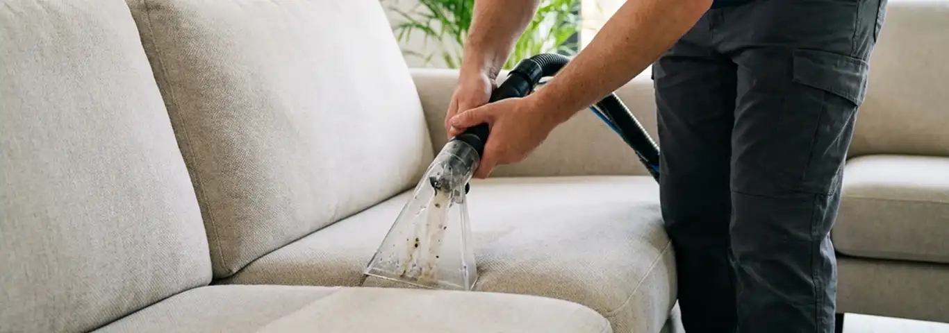 Technician extracting dirt and moisture from a fabric sofa with an upholstery cleaning wand, Akron, OH.