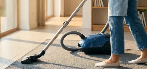 Person vacuuming a living room rug with a canister vacuum cleaner near large windows, Akron, OH.